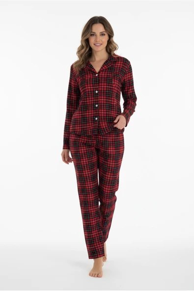 Bravie Luxury Soft Kırmızı Ekose Desenli Uzun Kollu Kadın Pijama Takımı – 3063 ürün görseli 1