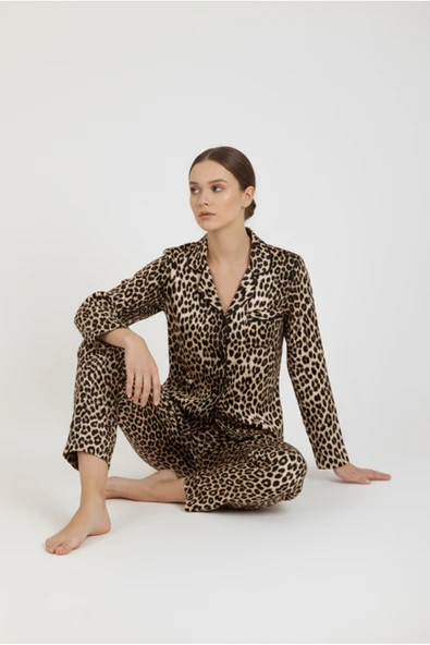 Bravie Luxury Viscose Leopar Desenli Kadın Uzun Kollu Pijama Takımı – 42577 ürün görseli 1