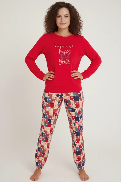 Bravie Luxury Thermal Happy New Year Desenli Kadın Polar Kışlık Pijama Takımı – 42049 ürün görseli 1