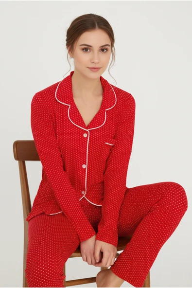 Bravie Luxury Viscose Kırmızı Puantiye Desenli Kadın Uzun Kollu Pijama Takımı – 42563 ürün görseli 1