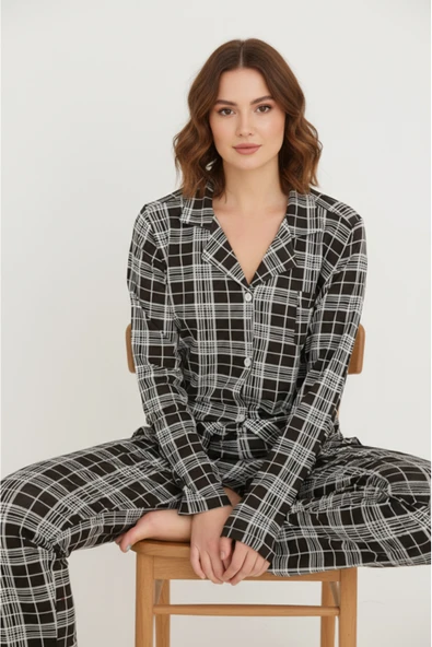 Bravie Luxury Viscose Siyah Beyaz Ekose Desenli Kadın Uzun Kollu Pijama Takımı – 42575 ürün görseli 1