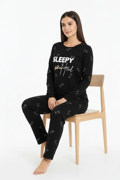 Bravie Sleepy Yazılı Elite Viscose Pijama Takımı Uzun Siyah 3552 ürün görseli 1