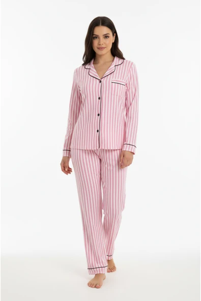 Bravie Luxury Soft Pembe Çizgili Uzun Kollu Kadın Pijama Takımı – 3052 ürün görseli 1