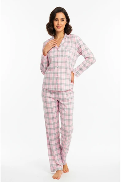 Bravie Luxury Viscose Pembe Ekose Desenli Kadın Uzun Kollu Büyük Beden Pijama Takımı – 42531 ürün görseli 1