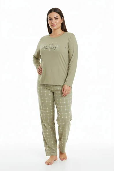 Bravie Üstü Yazılı Altı Kare Desenli Elite Viscose Uzun Büyük Beden Pijama Takımı Beyaz 3594 ürün görseli 1