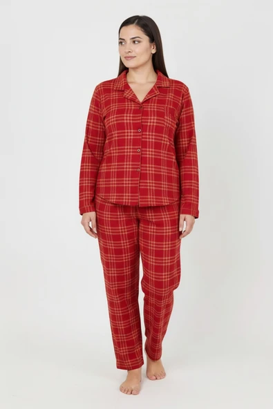 Bravie Luxury Soft Kırmızı Ekose Desenli Uzun Kollu Kadın Pijama Takımı – Büyük Beden 3018 ürün görseli 1