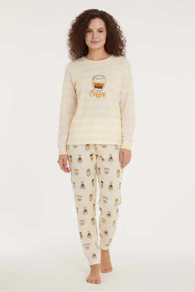 Bravie Luxury Thermal Coffee Desenli Kadın Polar Kışlık Pijama Takımı – 42009 ürün görseli 1