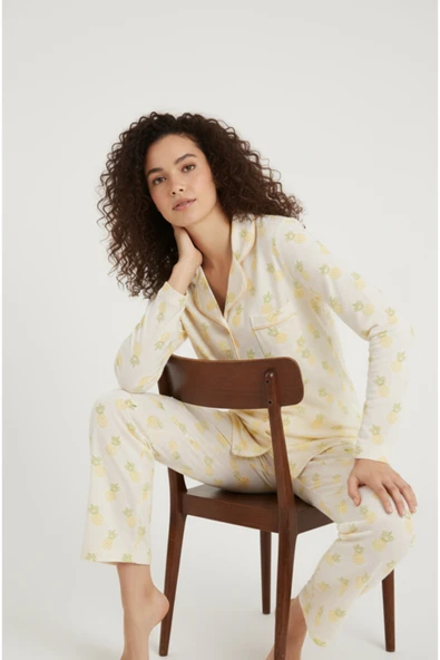 Bravie Luxury Viscose Ananas Desenli Kadın Uzun Kollu Pijama Takımı – 42571 ürün görseli 1