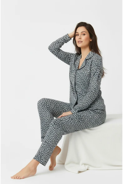 Bravie Süet Gömlek Pijama Takımı 7102 Leopar Mavi ürün görseli 1