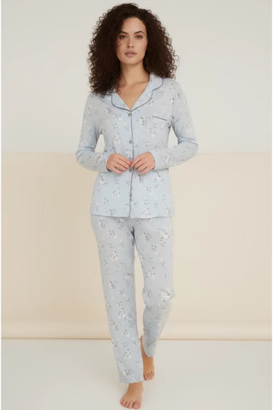 Bravie Luxury Viscose Mavi Çiçek Desenli Kadın Uzun Kollu Pijama Takımı – 42550 ürün görseli 1