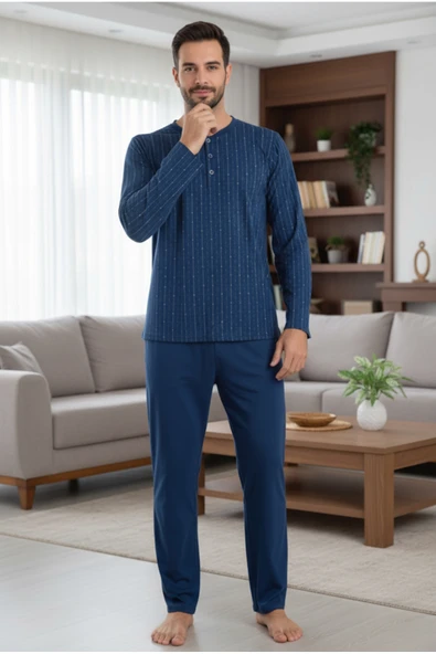 Bravie Yakası Düğmeli %100 Pamuk Erkek Penye Pijama Takımı 9711 Lacivert ürün görseli 1