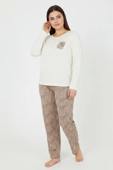 Bravie Üstü Puanlı Altı Çizgi Desenli Elite Viscose Uzun Büyük Beden Pijama Takımı Ekru 3585 ürün görseli 1