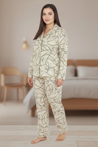 Bravie Luxury Soft Ekru Çizgi Desenli Uzun Kollu Kadın Pijama Takımı – Büyük Beden 3015 ürün görseli 1