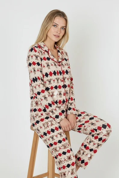 Bravie Luxury Soft Ekru Desenli Uzun Kollu Kadın Pijama Takımı – 3028 ürün görseli 1