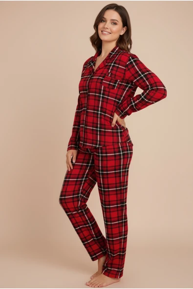 Bravie Luxury Viscose Kırmızı Ekose Desenli Kadın Uzun Kollu Büyük Beden Pijama Takımı – 42513 ürün görseli 1