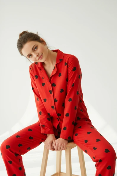 Bravie Süet Gömlek Pijama Takımı 7107 Kalpli Kırmızı ürün görseli 1
