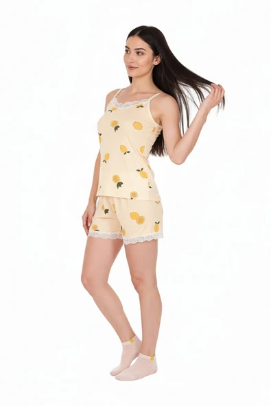 Bravie Kadın Limon Desenli Yumuşak Dokulu Penye İp Askılı Şortlu Pijama Takımı ürün görseli 1