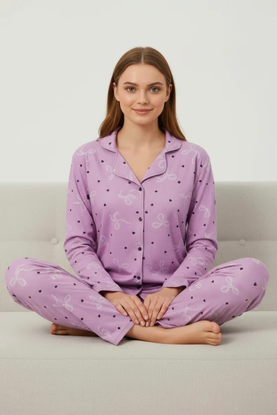 Bravie Süet Gömlek Pijama Takımı 7108 Çiçekli Pembe ürün görseli 1
