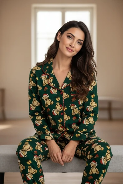 Bravie Luxury Soft Yeşil Yılbaşı Ayıcık Desenli Uzun Kollu Kadın Pijama Takımı – 3065 ürün görseli 1