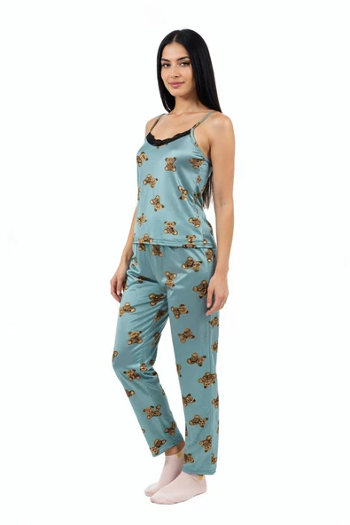 Bravie Altı Uzun Üstü Askılı Yumuşak Ayıcık Desenli Pijama Takımı ürün görseli 1