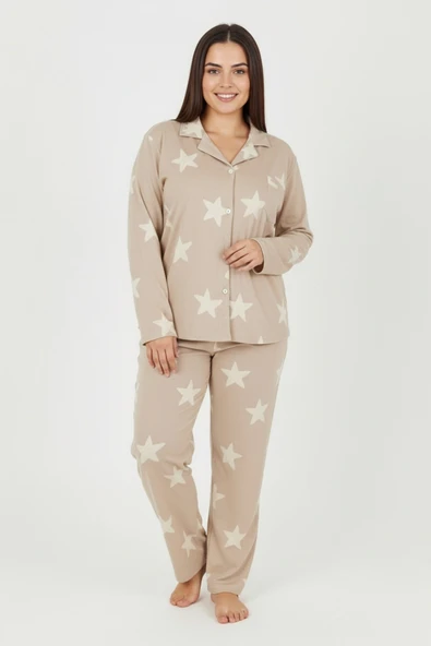 Bravie Luxury Soft Bej Yıldız Desenli Uzun Kollu Kadın Pijama Takımı – Büyük Beden 3011 ürün görseli 1