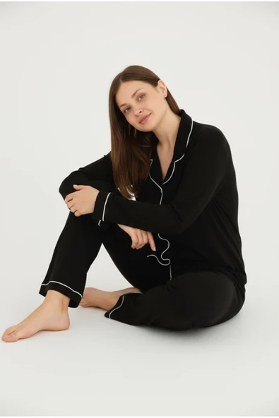 Bravie Luxury Viscose Siyah Beyaz Biyeli Kadın Uzun Kollu Büyük Beden Pijama Takımı – 42501 ürün görseli 1