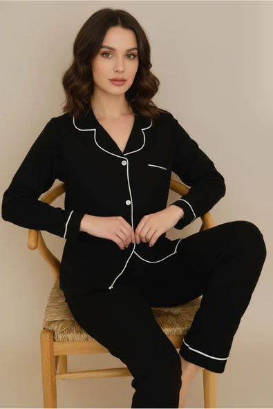 Bravie Luxury Viscose Siyah Beyaz Biyeli Kadın Uzun Kollu Pijama Takımı – 42586 ürün görseli 1