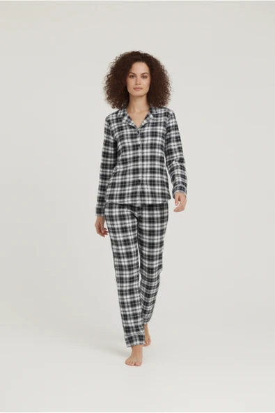 Bravie Luxury Viscose Lacivert Ekose Desenli Kadın Uzun Kollu Pijama Takımı – 42576 ürün görseli 1