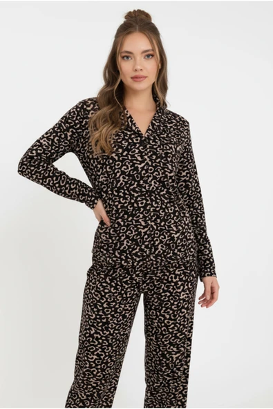 Bravie Luxury Soft Siyah Leopar Desenli Uzun Kollu Kadın Pijama Takımı – 3058 ürün görseli 1