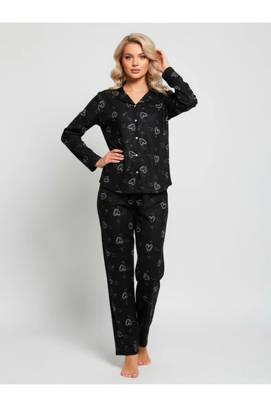 Bravie Süet Gömlek Pijama Takımı 7002 Kalp Desenli ürün görseli 1