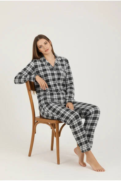 Bravie Luxury Viscose Lacivert Ekose Desenli Kadın Uzun Kollu Büyük Beden Pijama Takımı – 42527 ürün görseli 1