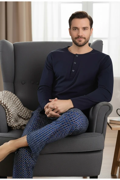Bravie Yakası Düğmeli %100 Pamuk Erkek Penye Pijama Takımı 9705 Koyu Lacivert ürün görseli 1