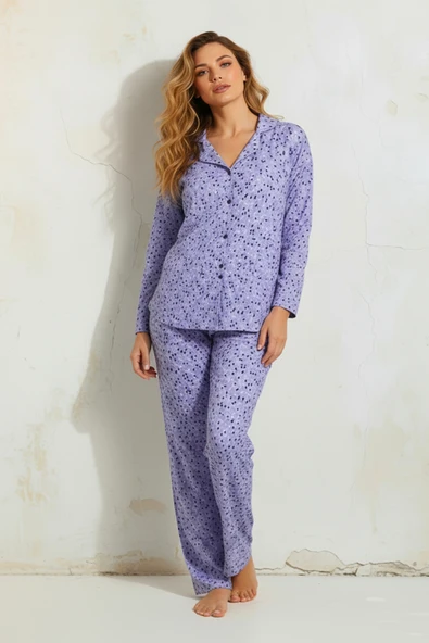Bravie Süet Gömlek Pijama Takımı 7106 Çiçekli Lila ürün görseli 1