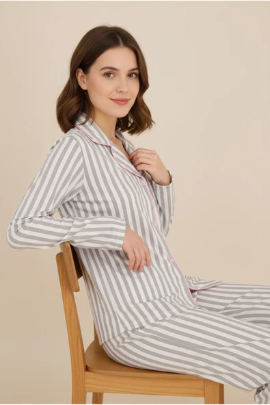 Bravie Luxury Viscose Gri Çizgili Kadın Uzun Kollu Pijama Takımı – 42547 ürün görseli 1