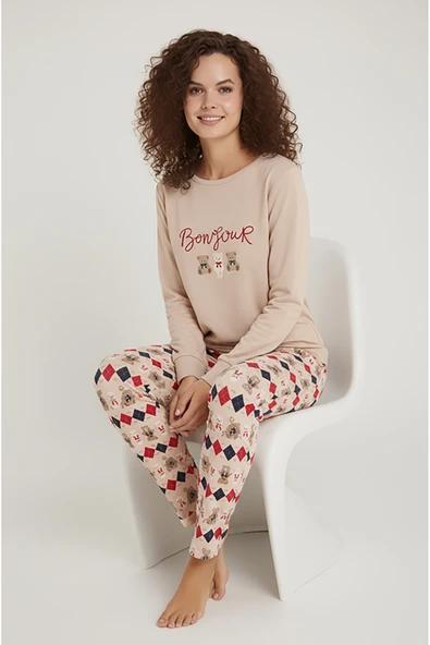 Bravie Luxury Thermal Bonjour Köpek Desenli Kadın Polar Kışlık Pijama Takımı – 42042 ürün görseli 1