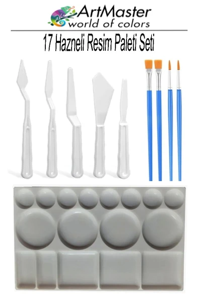 Plastik 17 Hazneli Resim Paleti Masaüstü 5 Li Plastik Spatula Ve Resim Fırçası 1 Paket Palet Bıçağı Seti Ressam Sanat ürün görseli 1