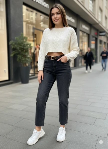Kadın Yüksek Bel Mom Jean Kesik Paça Detaylı Gold Tokalı Kemerli Düz Kesim Denim ürün görseli 1