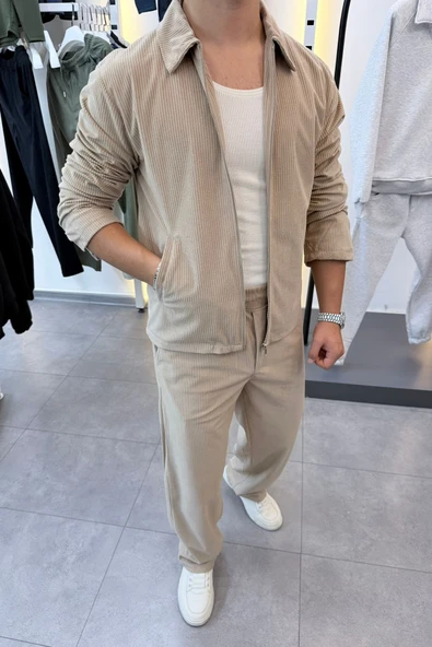 Slimfit Yakalı Astarlı Yan Cep Baggy Pantolonlu Kadife Takım ürün görseli 1