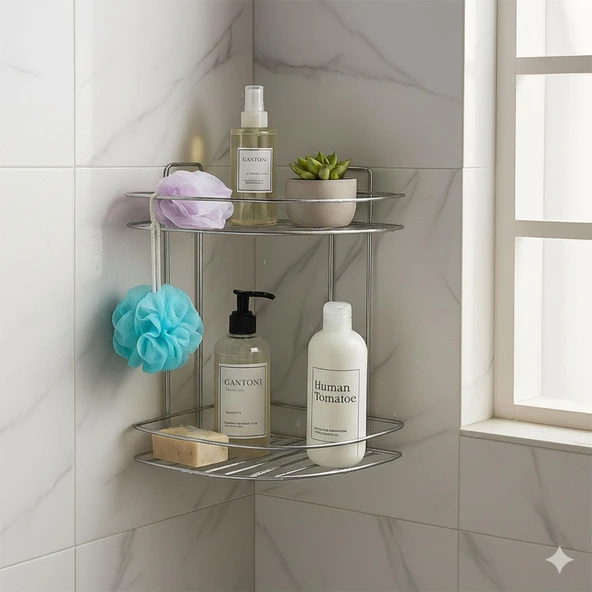 Banyo Duş Köşe Rafı İki Katlı Krom Paslanmaz Metal Şampuanlık Duvar Montajlı Düzenleyici Raf Seti ürün görseli 1