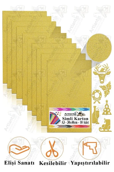 Altın Sarı Simli Karton A3 30x40 cm 10 lu 1 Paket Simli Fon Kartonu Parıltılı Kağıt Anasınıfı Kreş Etkinlik Proje ürün görseli 1