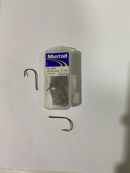 MUSTAD 505  4/0 UZUN SAP BÜYÜK,BRONZ SARI KARIŞIMI RENK,DELİKSİZ İĞNE 25 ADETLİ KUTU ürün görseli 1
