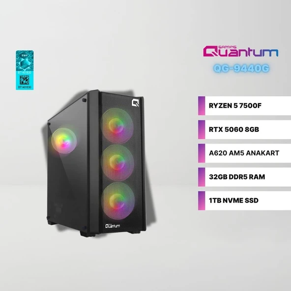Quantum Gaming QY1610 AMD Ryzen 5 7500F 32GB DDR5 1TB NVMe RTX 5060 8GB Freedos Gaming Masaüstü Bilgisayar ürün görseli 1