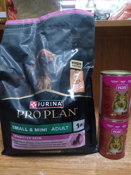 PRO PLAN Hassas Deriye Sahip Küçük ve Mini Irk Yetişkin Köpek Kuru Mama Somonlu 3 kg+2 ADET 400 GR BİFTEKLİ KÖPEK KONSERVE ürün görseli 1