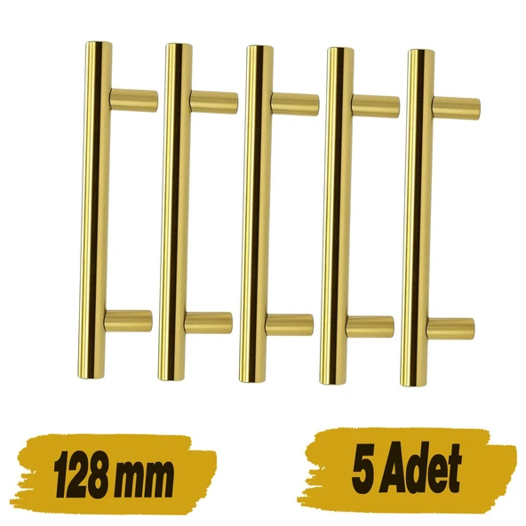 Mobilya Mutfak Çekmece Dolap Dolabı Kulbu Kulpu Kulpları (128 mm -12.8 cm) Gold Altın Metal (5 Adet) ürün görseli 1