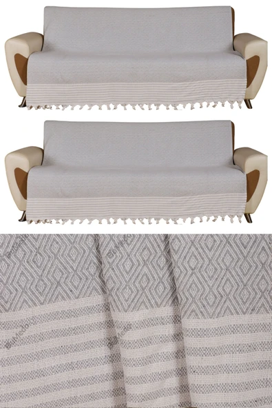 Buldan İşi Kaymaz Pamuklu 2'li Koltuk Örtüsü 170x210 Cm Kaliteli Koltuk Şalı Çekyat Kanepe Örtüsü (2 ADET) - AÇIK GRİ ürün görseli 1