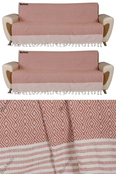 Buldan İşi Kaymaz Pamuklu 2'li Koltuk Örtüsü 170x210 Cm Kaliteli Koltuk Şalı Çekyat Kanepe Örtüsü (2 ADET) - KİREMİT ürün görseli 1