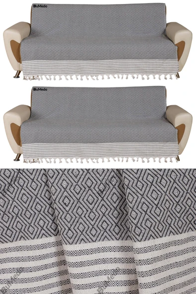 Buldan İşi Kaymaz Pamuklu 2'li Koltuk Örtüsü 170x210 Cm Kaliteli Koltuk Şalı Çekyat Kanepe Örtüsü (2 ADET) - ANTRASİT ürün görseli 1