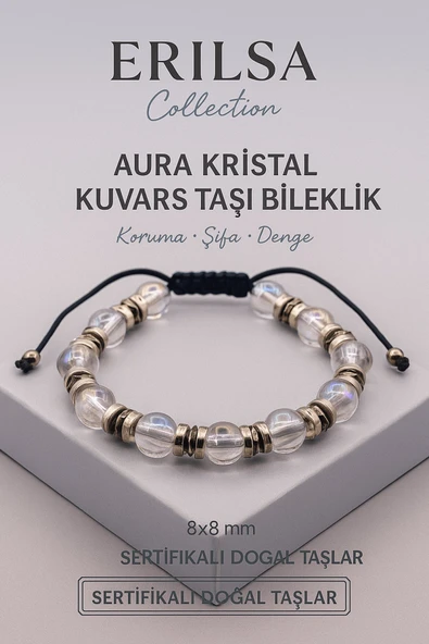 Sertifikalı Aura Kristal Kuvars Doğal Taş Bileklik - 8x8 mm Koruma Şifa ve Denge Enerjisi Taşı ürün görseli 1