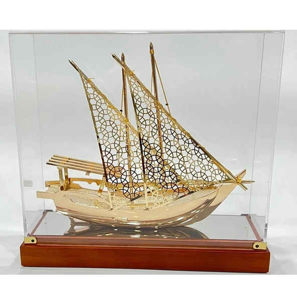 Pirinç Yelkenli Gemi Altın Kaplama Katar Dhow Teknesi Kutulu 29cm No.1 ürün görseli 1
