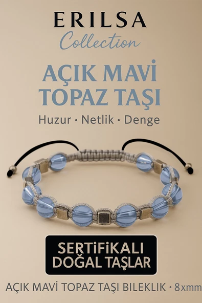 Sertifikalı Açık Mavi Topaz Doğal Taş Bileklik - 8x8 mm Netlik Huzur Güven Enerji Taşı ürün görseli 1